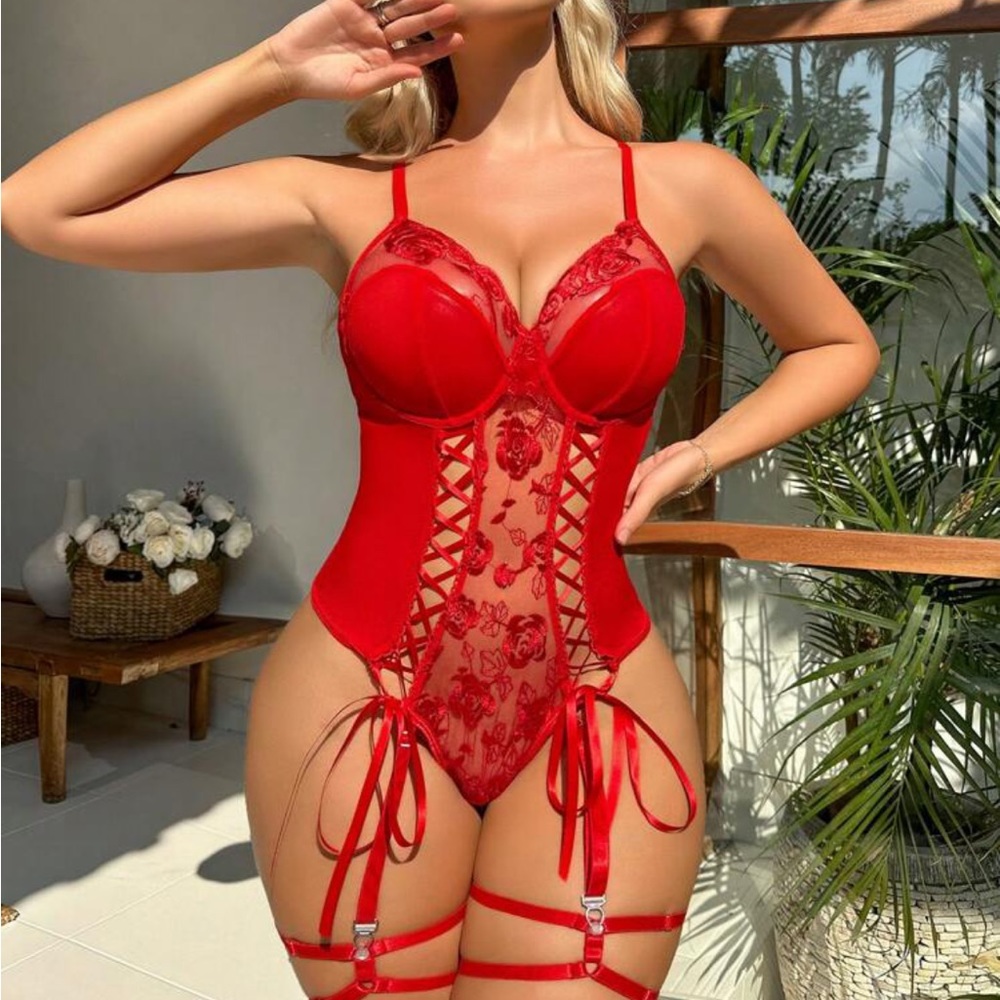 Lace Up Front Contrast Lace Garter Bustier Set